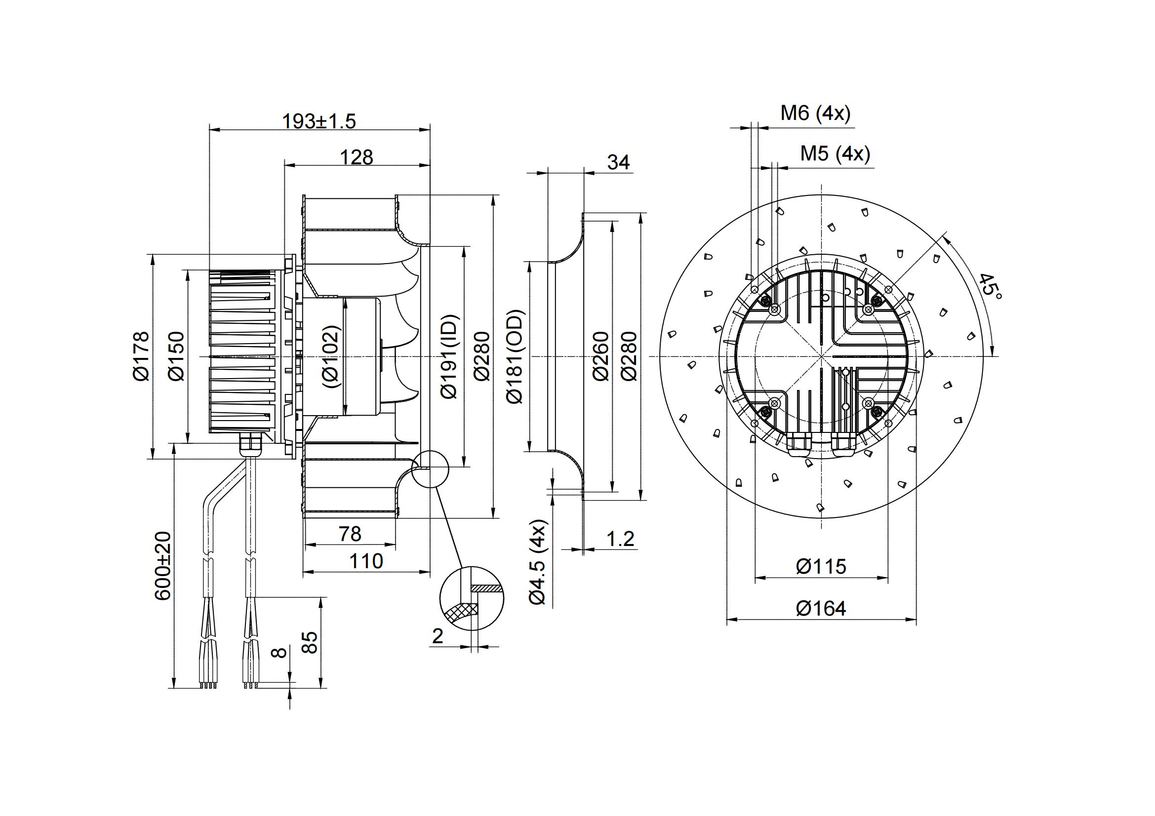 fan centrifuge vers l'arrière du diamètre 280mm de l'EC 230V